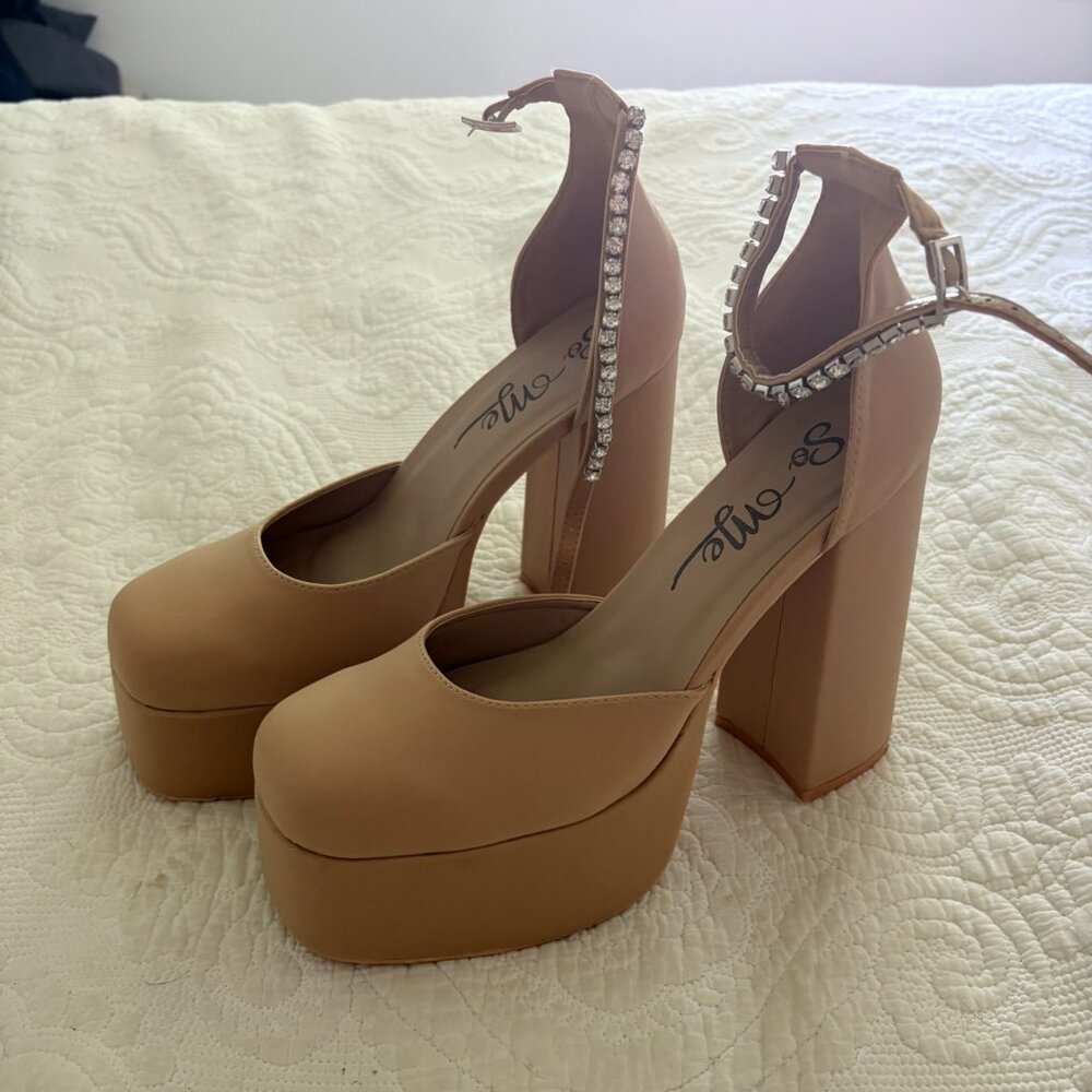 So Me Tan Platform Heels w/ Rhinestone Strap | Lulu’s | Size 10 | Worn Once